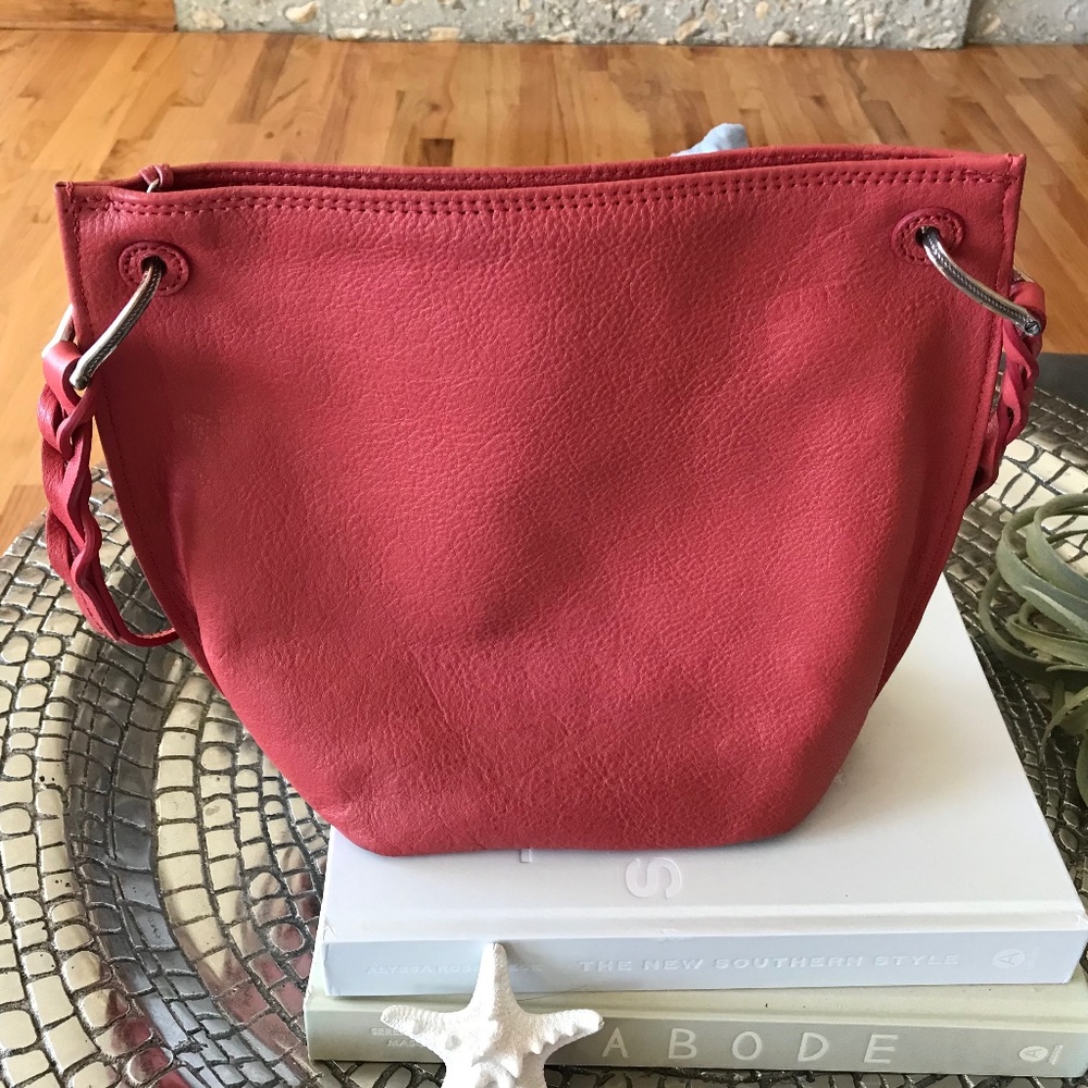 BRIGHTON RED LEATHER EMBOSSED BUTTERFLIES BOHO-CHIC STATEMENT BAG - Picture 6 of 16